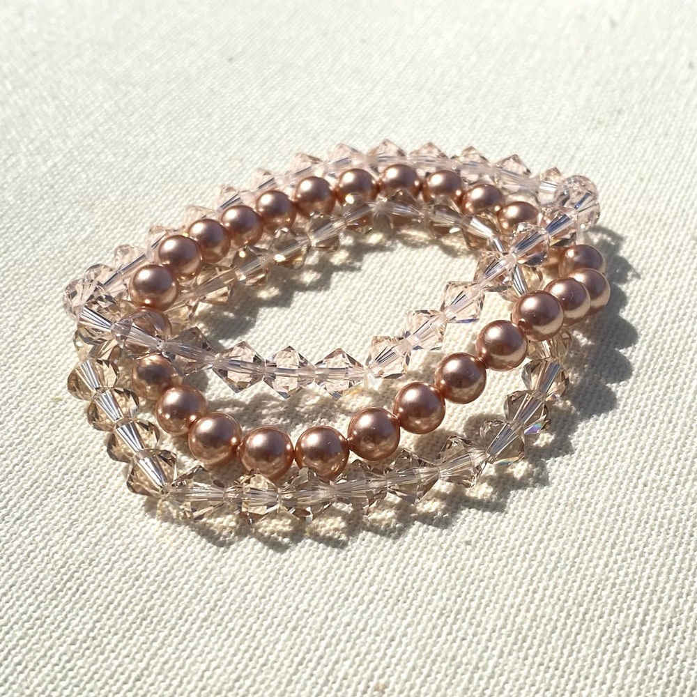 3 Swarovski Rose Gold Crystals and Pearls Stretch Bracelets Size 7